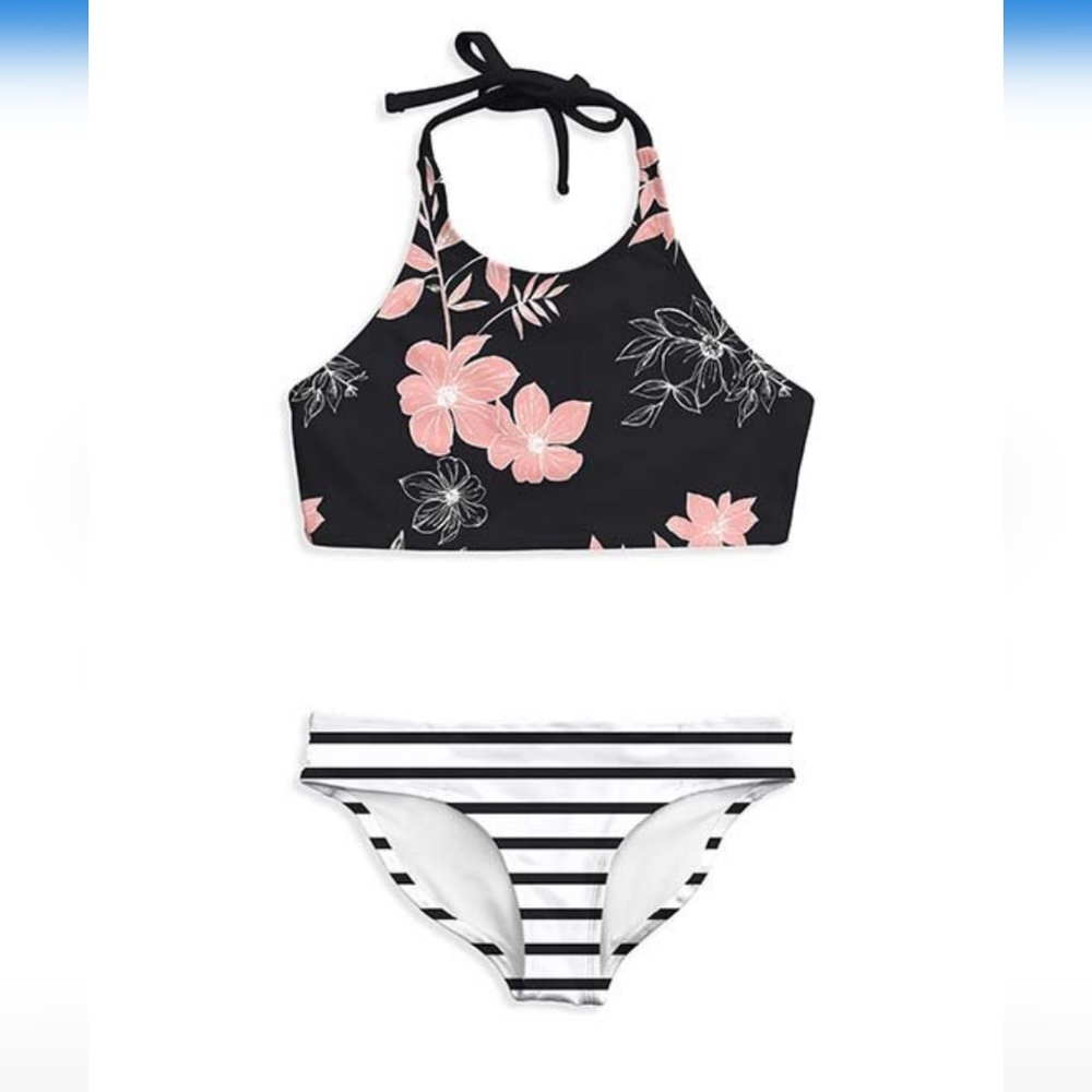 Pixie Girl Girl's Halter Bikini Black & Pink Floral & Stripe Size 10/12 NWT